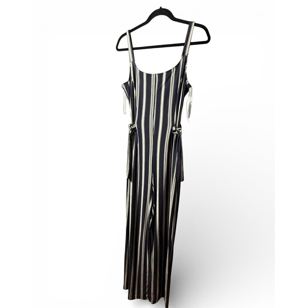 Derek Heart Navy Blue Striped Sleevless Wide Leg Jersey Knit Jumpsuit Sz L NEW